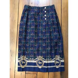 Vintage Euro Linea Preppy Dressage Plaid Rayon Wrap Brass Button Up Skirt 30"